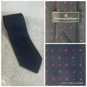Ermenegildo Zegna 100% Silk Italy Navy Tie with Red Dots